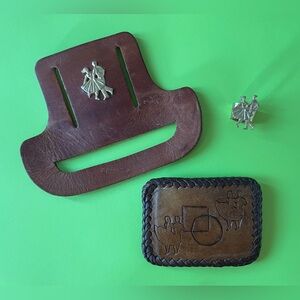 Vintage Brown Leather Belt Buckle, Scarf Clip, and Bandana Holder Set